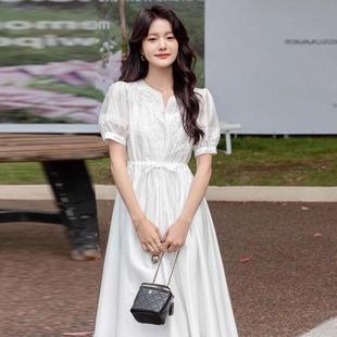 新款 白色仙女裙2025夏季 刺绣连衣裙女宽松显瘦收腰裙子海边度假裙
