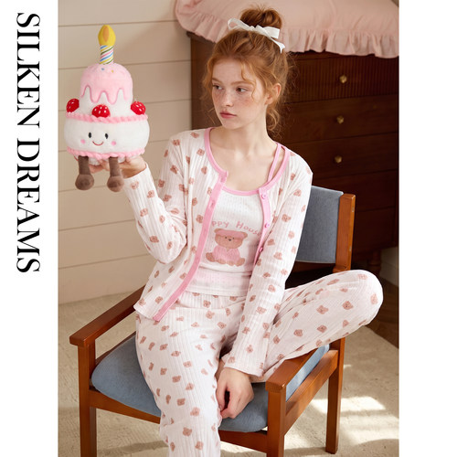 丝梦华服-长袖纯棉甜美睡衣女款秋春款带胸垫家居服套装三件套ZXZ