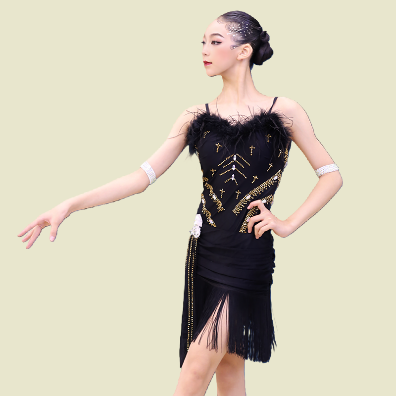 高级拉丁舞14岁以上比赛花服专业镶钻羽毛艺考裙成人黑池表演舞裙