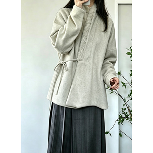 冬款现代风改良明制汉服女弓袋袖毛呢外套立领系带日常通勤交领衫