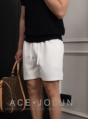 白色肌理感休闲四分短裤男款夏2026夏季薄款外穿透气运动沙滩裤子