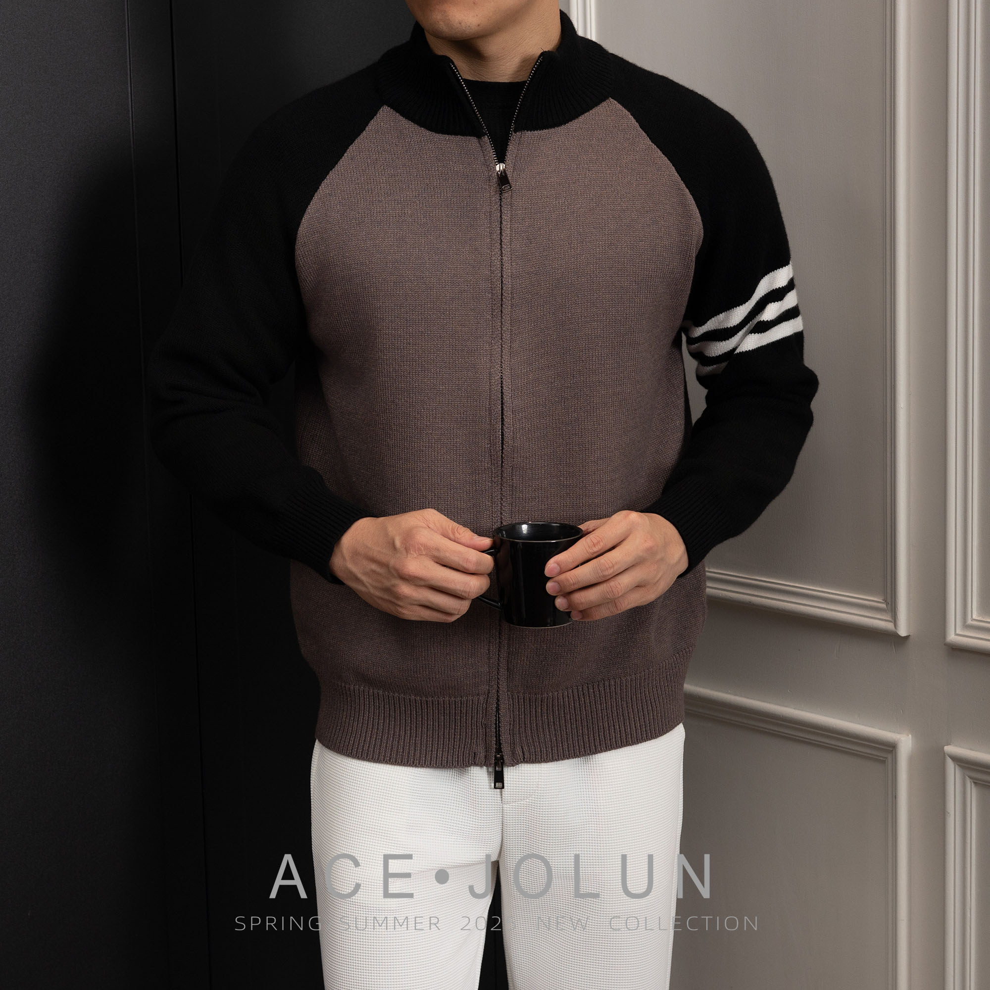 【海与浪】拼色三道杠毛衣外套