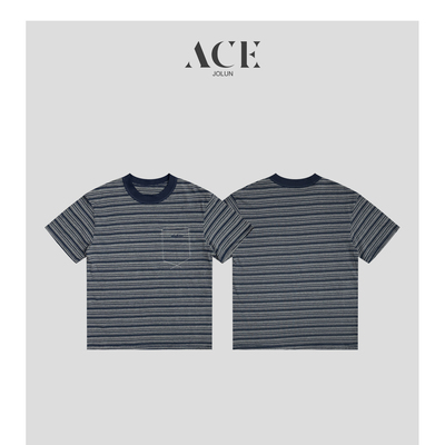 【ACE】灰色条纹刺绣正肩短袖t恤