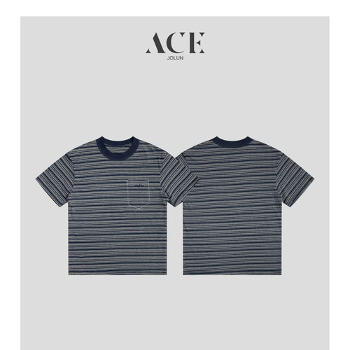 【ACE】灰色条纹刺绣正肩短袖t恤