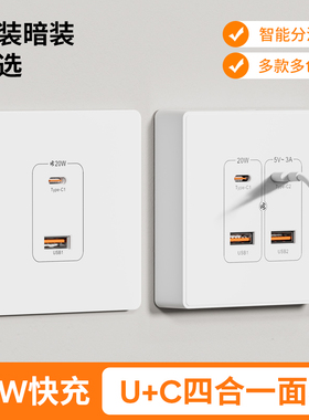 86型20W充电USB明装220V转5伏工地36V转5V二孔带USB插座面板白色