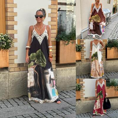 Printed V-neck large swing suspender skirt long skirt