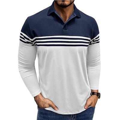 Men's striped printed lapel T-shirt men's long sleeved