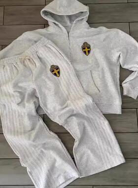 Grey hooded sweatshirt set zipper sweatshirt cardigan