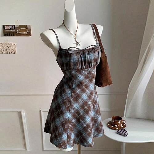 Ruiyi plaid dress, camisole skirt, short skirt for women