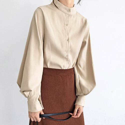Stand up collar shirt with big lantern sleeves