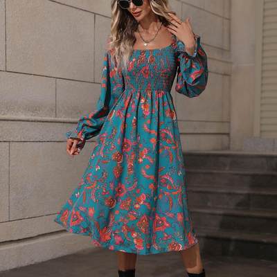 Long sleeved square neck long skirt slimming dress