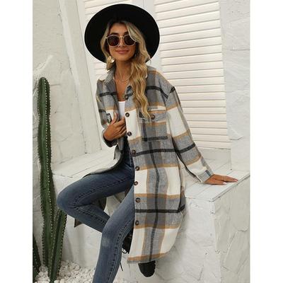 Checkered shirt women's lapel cardigan top long brushed