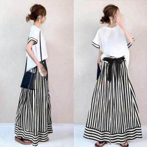 V-neck short sleeved top+striped patchwork skirt, two