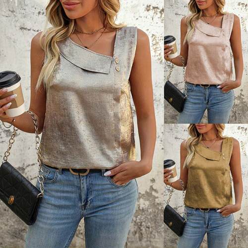 Slant neck sleeveless regular pullover top T-shirt