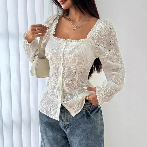 First love white slimming square neck hollow cardigan