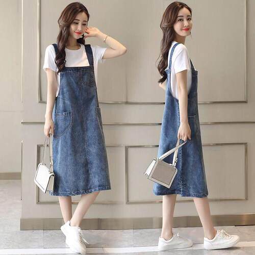 Female student denim overalls mid length dress for school