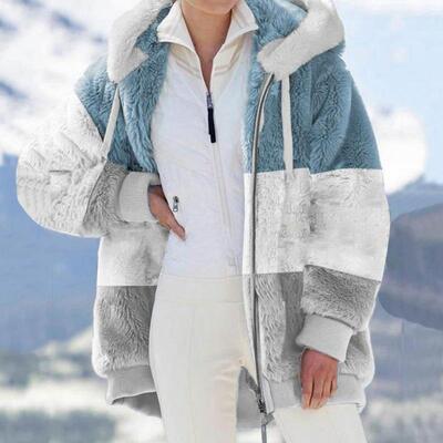 Warm plush patchwork zipper pocket hooded jacket for women
