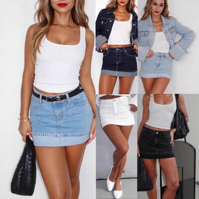 Elastic denim skirt with flip over hem