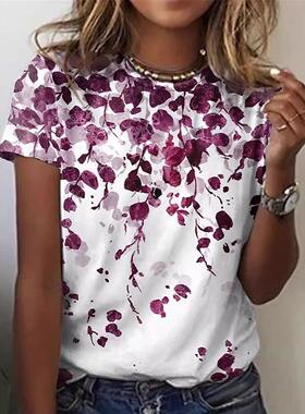 Flower and grass printed short sleeved T-shirt for women's l