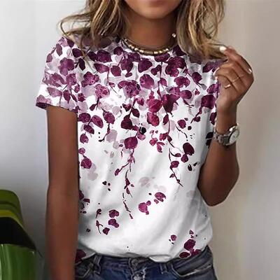 Flower and grass printed short sleeved T-shirt for women's l