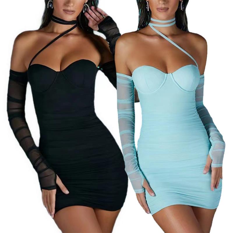 Women's mesh one neck strapless short skirt dress