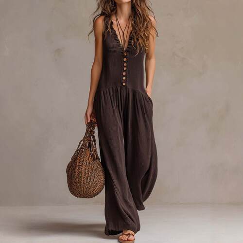V-neck sleeveless wide leg jumpsuit women's knitted pants
