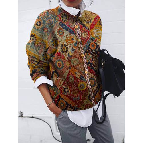Women's brushed geometric printed cardigan long sleeved