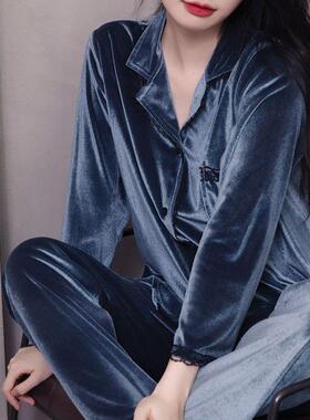 Golden velvet sleepwear for women, long sleeved two-piece