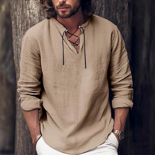 Men's shirt linen shirt beach wear long sleeved V-neck
