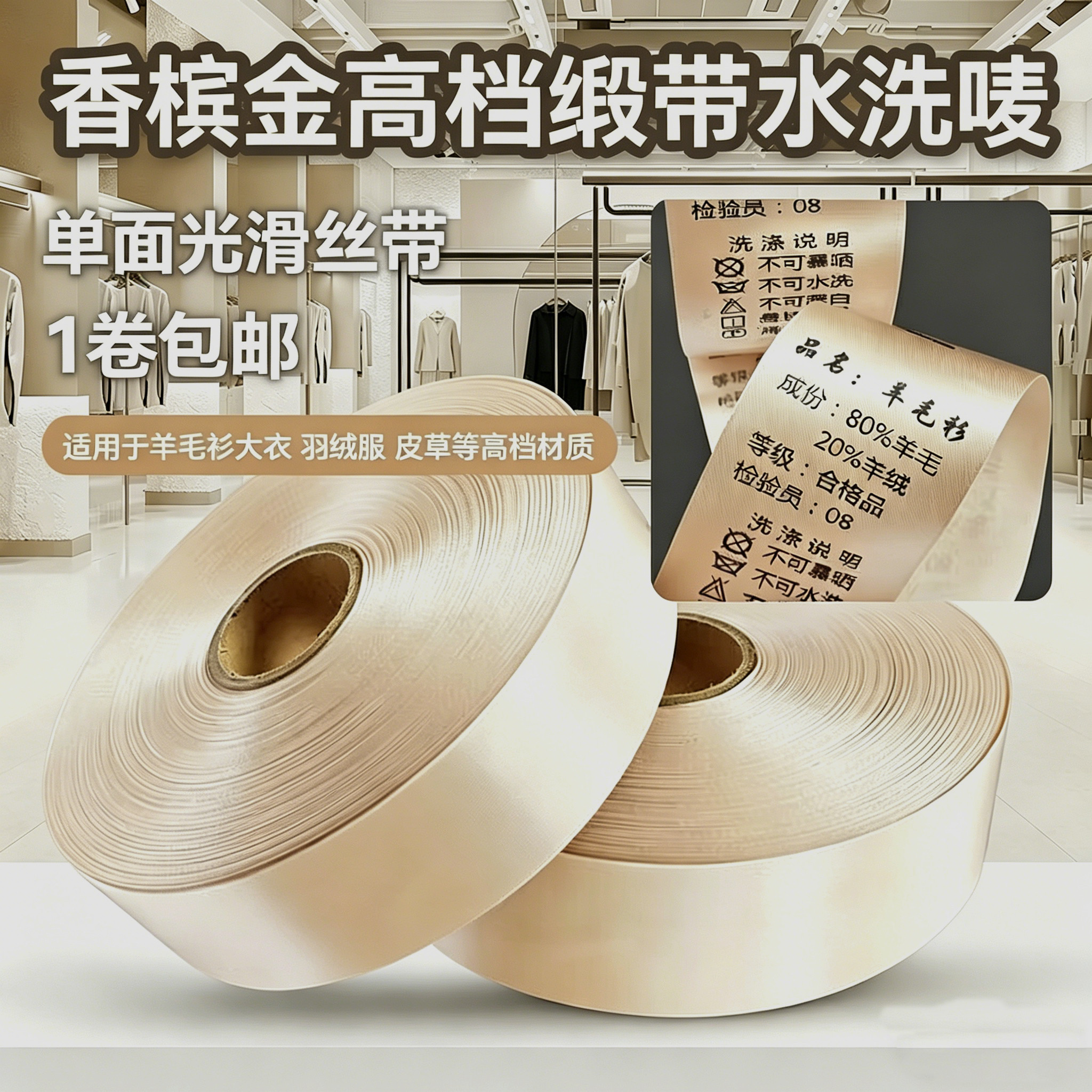 金色香槟色驼色肉色绸缎洗水标空白可打印缎带丝带服装标签水洗唛