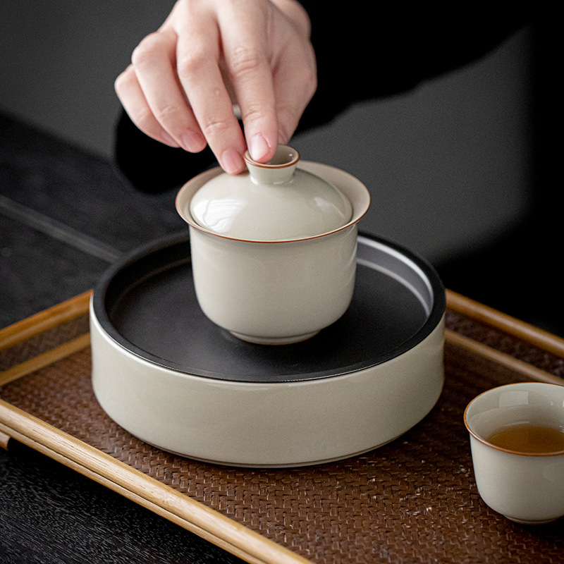 草木灰圆形壶承茶壶盖碗底托盘