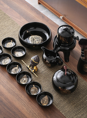 黑釉金叶菩提功夫茶具套装半自动懒人石墨旋转出水家用客厅办公室