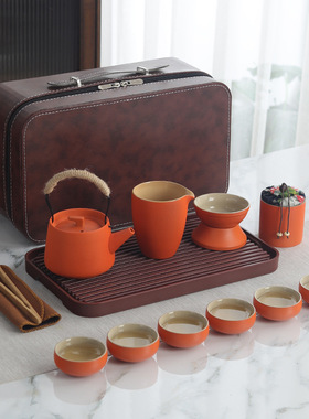 粗陶瓷旅行茶具套装带茶盘提梁壶六杯手提箱包户外商务送礼携带式