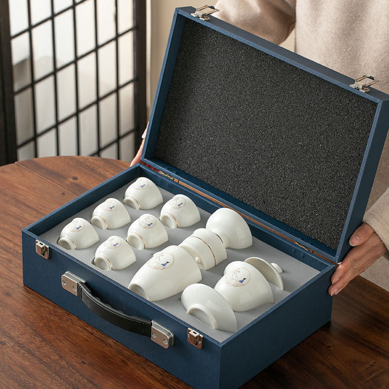 10头羊脂玉白瓷茶具盖碗套装