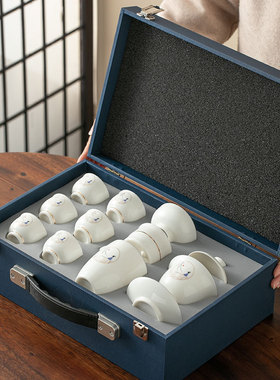 10头羊脂玉白瓷茶具盖碗套装描金福茶杯6只高档家用商务办公礼盒