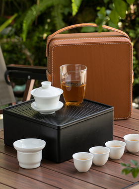 德化白瓷旅行茶具套装户外盖碗套组带茶盘中式简约旅游露营