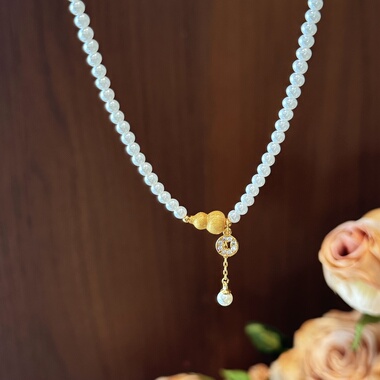 古法拉丝葫芦铜钱4mm珍珠项链