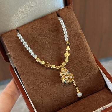 爆闪碎碎冰镶钻镂空葫芦珍珠项链