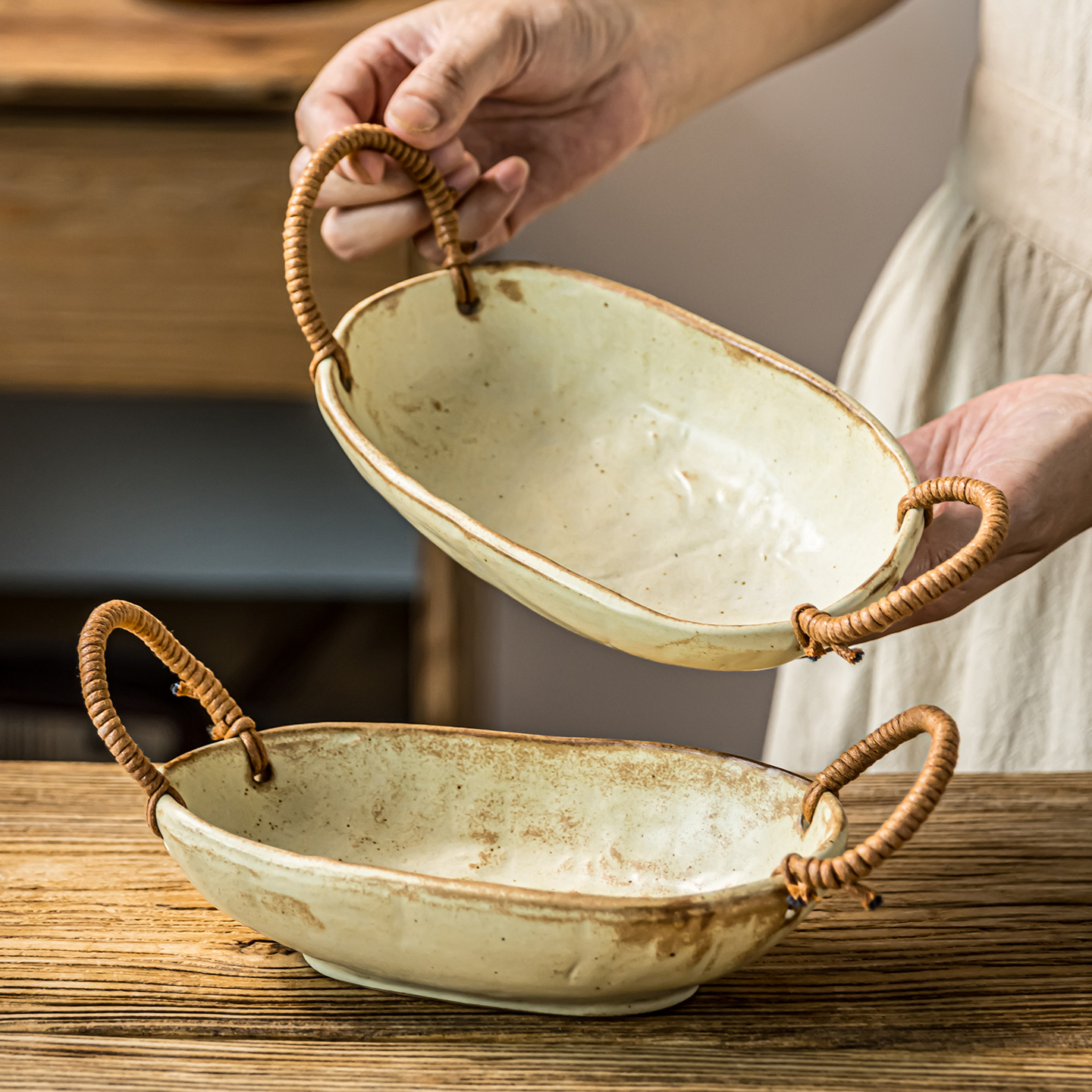 复古粗陶碗藤编双耳椭圆碗家用
