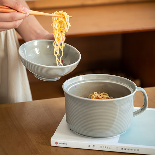 带盖陶瓷泡面碗食堂带手柄打饭碗