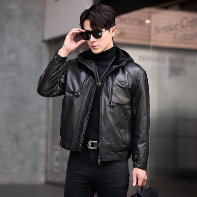 水貂貂绒连帽山羊皮外套真皮皮衣男时尚皮貂二体貂皮大衣10-28268