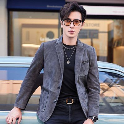 新款潮流翻毛皮真皮西装