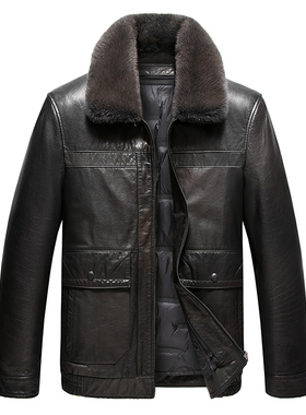 2025新款牛皮鹅绒羽绒服男脱卸内胆水貂毛领爸爸装皮夹克19-89610