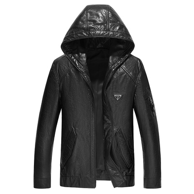 真皮皮衣男连帽油蜡牛皮夹克男通勤潮男痞帅机车牛皮断码00-22015