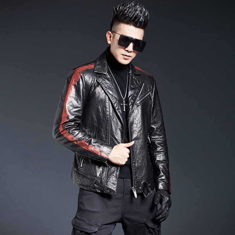 新款油蜡皮夹克男西装领时尚修身韩版潮男真皮皮衣男机车10-9007