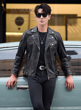 青年潮男真皮夹克男牛皮斜拉链机车服真皮皮衣潮男短款单10-28110