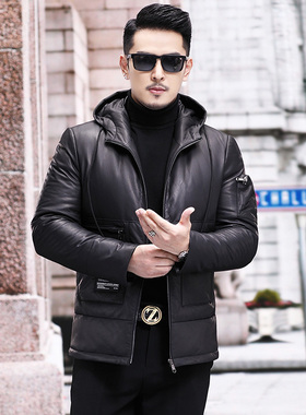 真皮羽绒服男连帽皮衣男士商务小牛皮带帽厚厅局风公务装18H82020