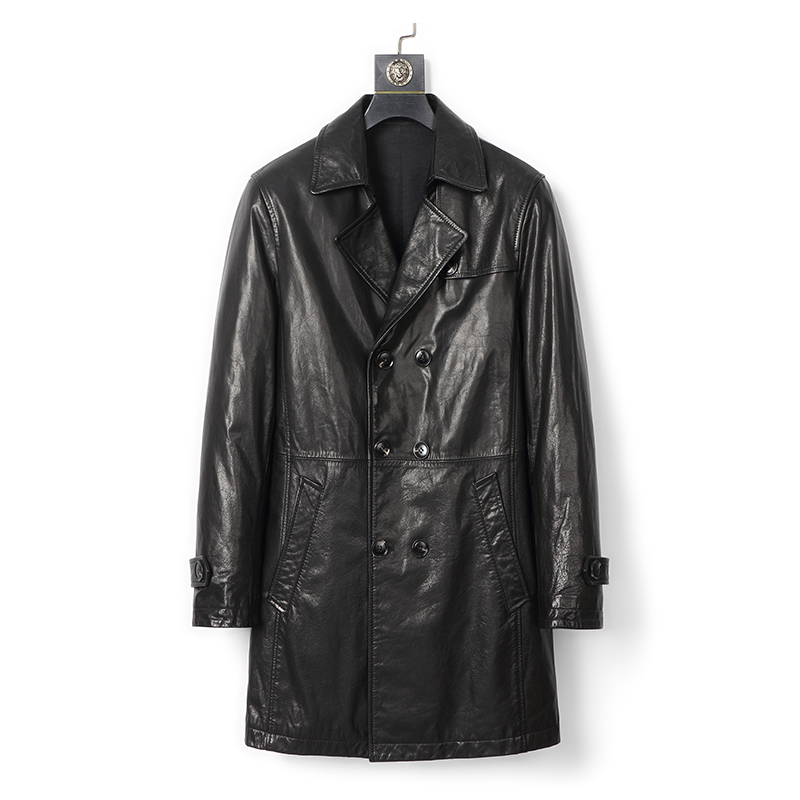 皮衣男中长款西装领油蜡牛皮外套