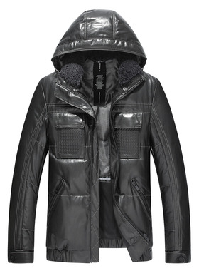 真皮羽绒服男式连帽皮夹克绵羊皮鹅绒外套加绒皮衣男10-23358