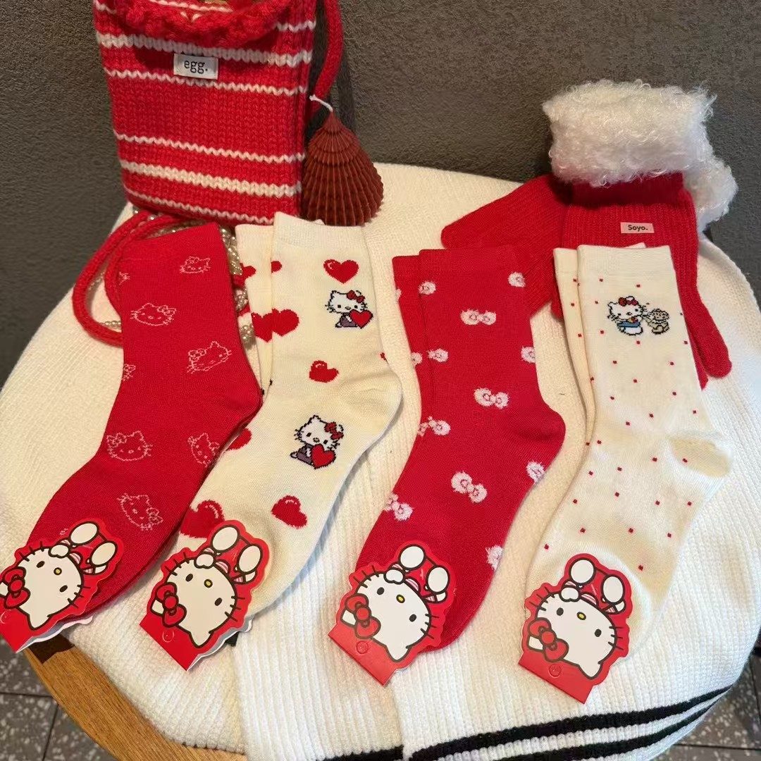 Puffshop甜美HelloKitty中筒袜